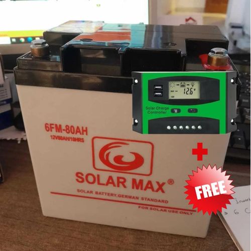 Solarmax 80ah Solar Battery No Maintenance Dry Cell + Free Digital 10AH Solar Charger Controller