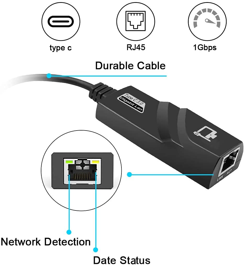 Type C To RJ45 Network Ethernet LAN Adapter, Type C to RJ45 10/100/100 Gigabit Ethernet Network Adapter