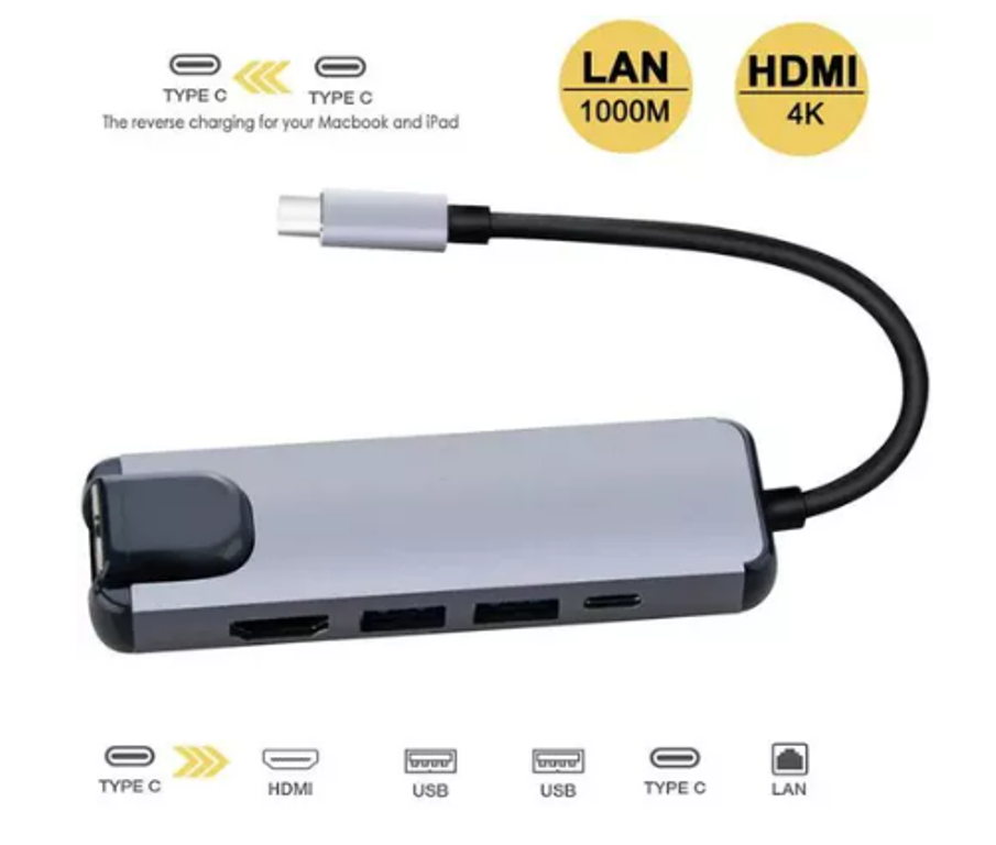 Type-C 5 In 1 Converter Hub To HDMI + USB Gray
