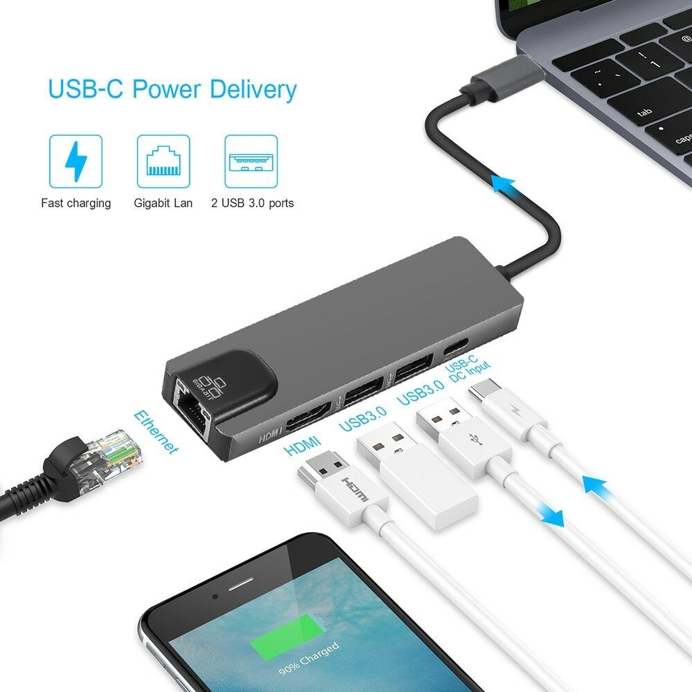 Type-C 5 In 1 Converter Hub To HDMI + USB Gray