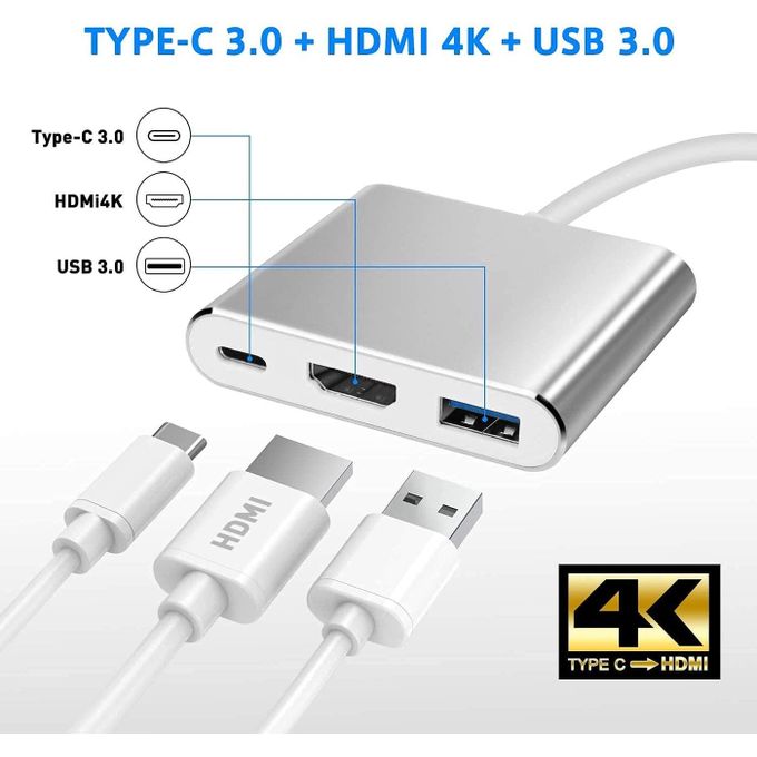 3 in 1 Type-C to 4K HD HDMI USB 3.0 Hub USB-C Data Charging Adapter Cable