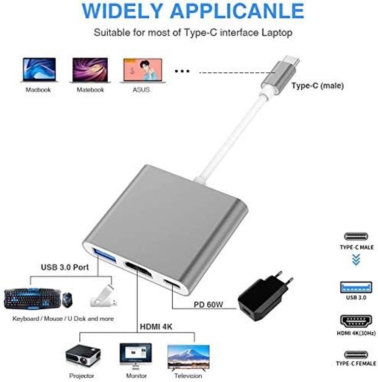 3 in 1 Type-C to 4K HD HDMI USB 3.0 Hub USB-C Data Charging Adapter Cable