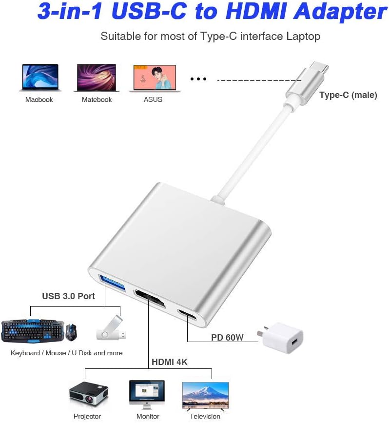 3 in 1 Type-C to 4K HD HDMI USB 3.0 Hub USB-C Data Charging Adapter Cable