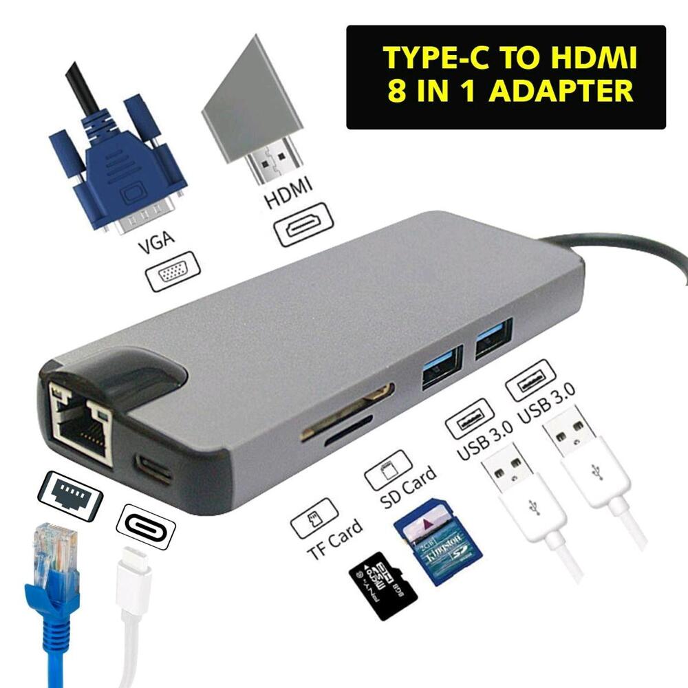 8 in 1 USB C Adapter with 4K HDMI, 100W PD, USB C Port, USB 3.0, RJ45 Ethernet, SD/TF Card Reader, Docking Station Compatible with MacBook Pro/Air USB C Laptops and Other Type C Devices