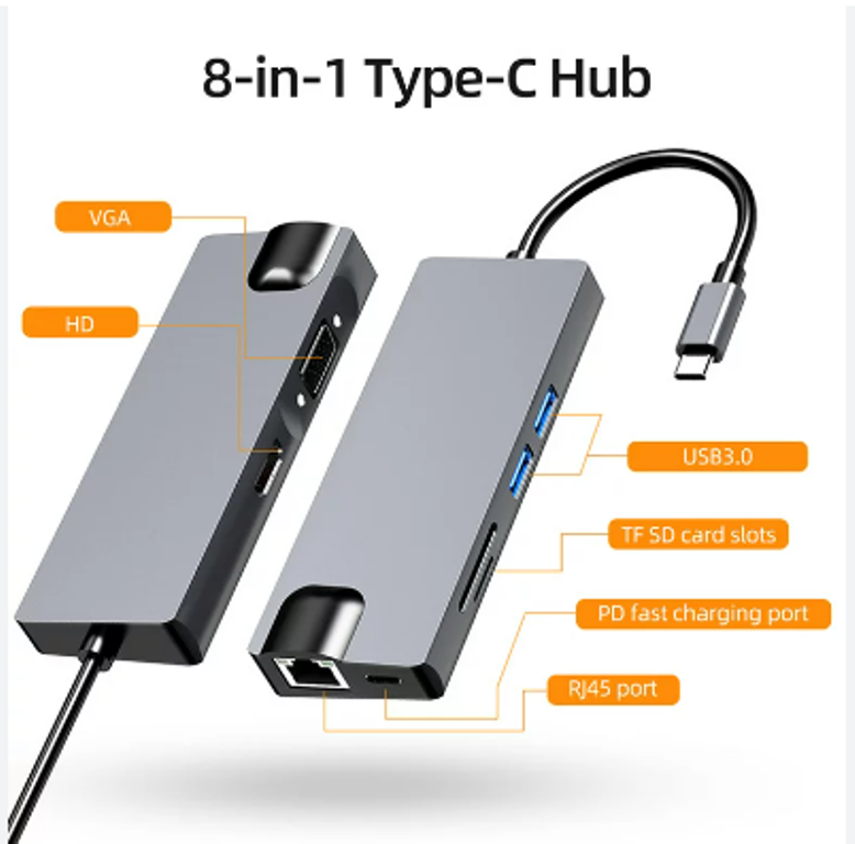 8 in 1 USB C Adapter with 4K HDMI, 100W PD, USB C Port, USB 3.0, RJ45 Ethernet, SD/TF Card Reader, Docking Station Compatible with MacBook Pro/Air USB C Laptops and Other Type C Devices