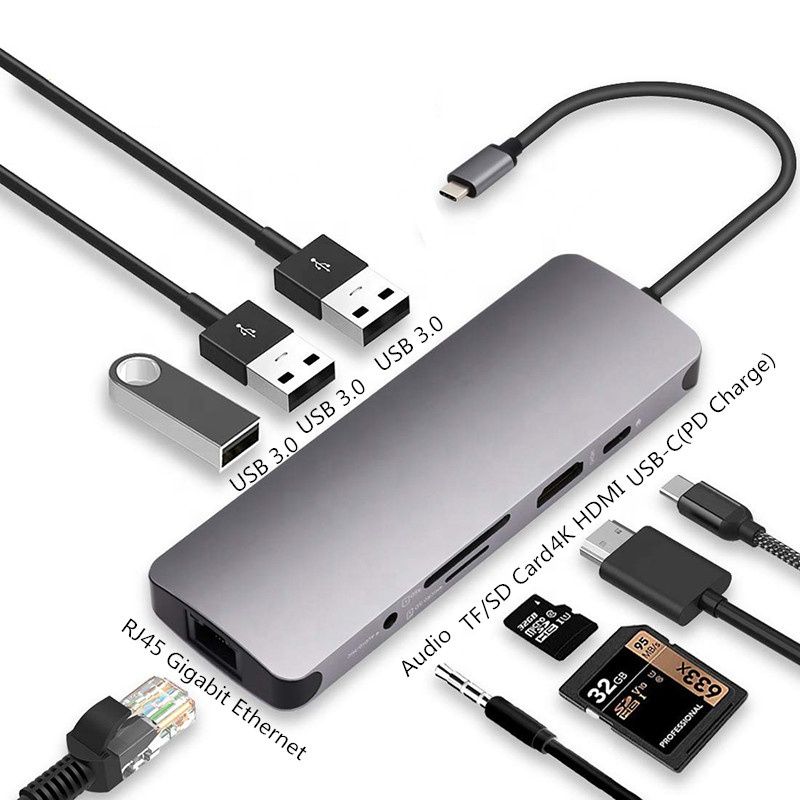 8 in 1 USB C Adapter with 4K HDMI, 100W PD, USB C Port, USB 3.0, RJ45 Ethernet, SD/TF Card Reader, Docking Station Compatible with MacBook Pro/Air USB C Laptops and Other Type C Devices