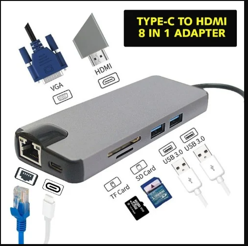 8 in 1 USB C Adapter with 4K HDMI, 100W PD, USB C Port, USB 3.0, RJ45 Ethernet, SD/TF Card Reader, Docking Station Compatible with MacBook Pro/Air USB C Laptops and Other Type C Devices