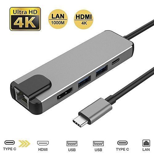 5 in 1 USB C Adapter with 4K HDMI HDMI Adapter with Ethernet Port, 100W Power Delivery PD Type C Charging Port, USB 3.0& 2.0 Ports Adapter Compatible for MacBook Pro, Chromebook, XPS, and USB C Device