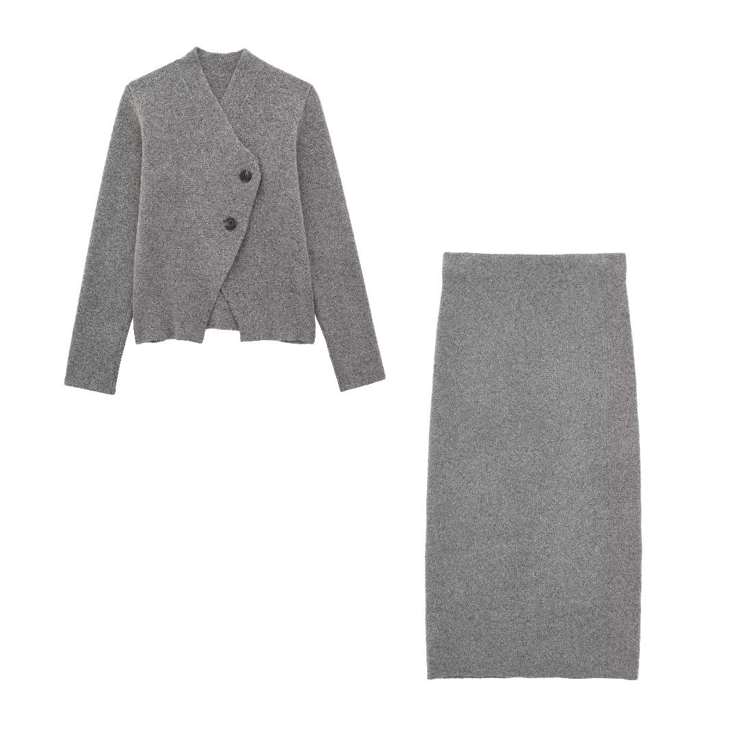 Euro-american style women's knitted double-front jacket straight skirt