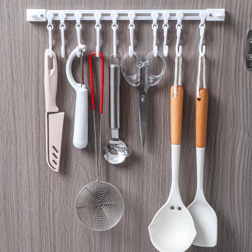 Multifunctional Slide Rail Hook, Adhesive Wall Hooks Rack Kitchen Rail, Wall Mount Accessory Hanger with 10 Hooks for Bathroom Kitchen Bedroom Towel Holder Kitchen accessories Cupboard Storage Rack