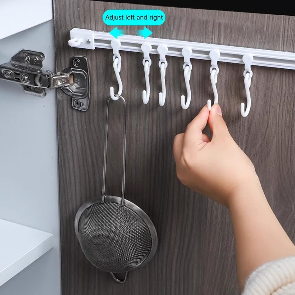 Multifunctional Slide Rail Hook, Adhesive Wall Hooks Rack Kitchen Rail, Wall Mount Accessory Hanger with 10 Hooks for Bathroom Kitchen Bedroom Towel Holder Kitchen accessories Cupboard Storage Rack