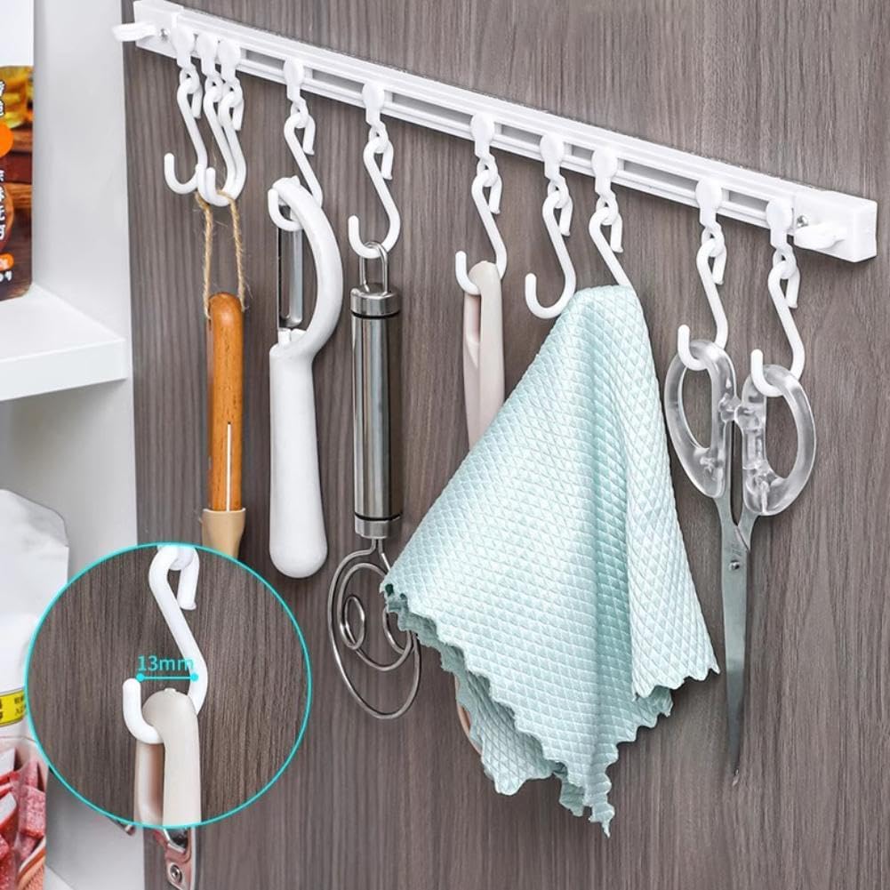 Multifunctional Slide Rail Hook, Adhesive Wall Hooks Rack Kitchen Rail, Wall Mount Accessory Hanger with 10 Hooks for Bathroom Kitchen Bedroom Towel Holder Kitchen accessories Cupboard Storage Rack