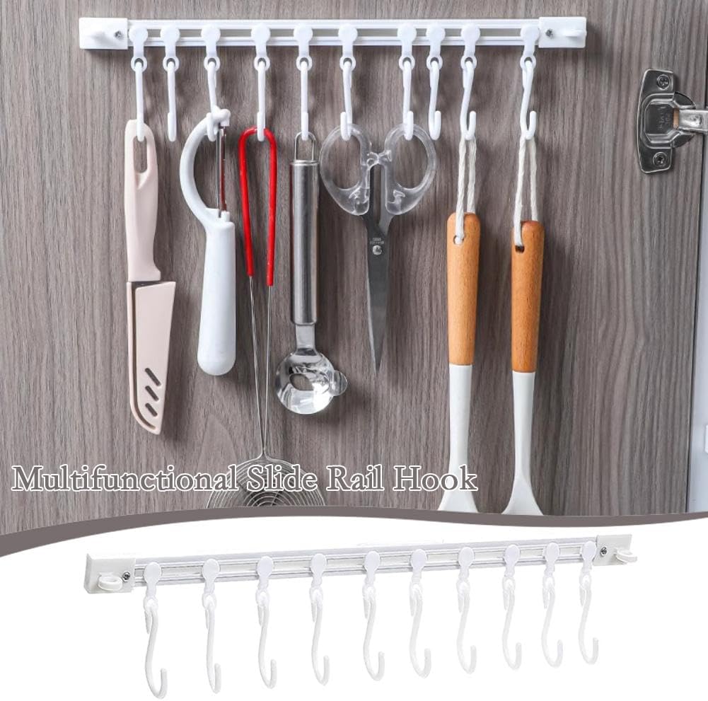 Multifunctional Slide Rail Hook, Adhesive Wall Hooks Rack Kitchen Rail, Wall Mount Accessory Hanger with 10 Hooks for Bathroom Kitchen Bedroom Towel Holder Kitchen accessories Cupboard Storage Rack