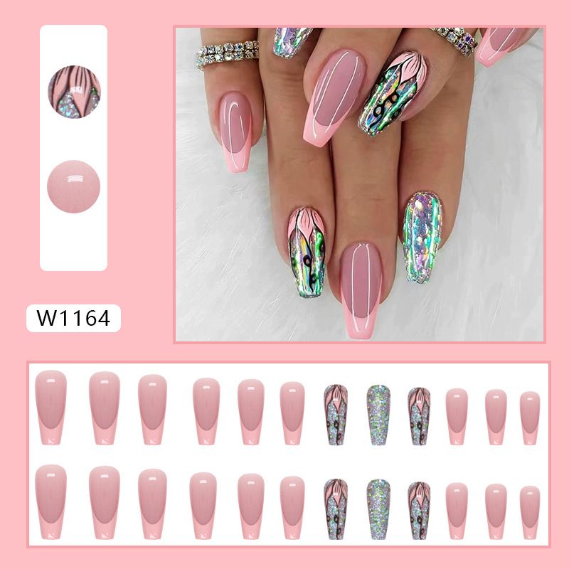 24Pcs/Set Acrylic Long Ballet Press on Nail Tips Coffin Wearing Reusable False Nails Art Colorful Glossy Fake Nails Artificial