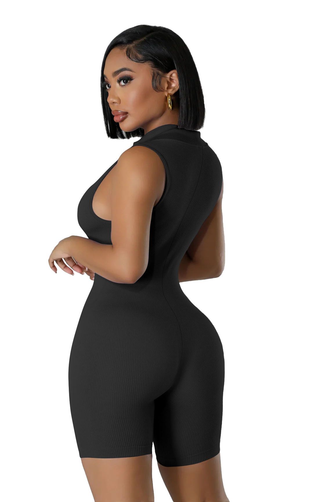 New open neck zip sleeveless solid colour casual sports one-piece sexy tight one-piece shorts