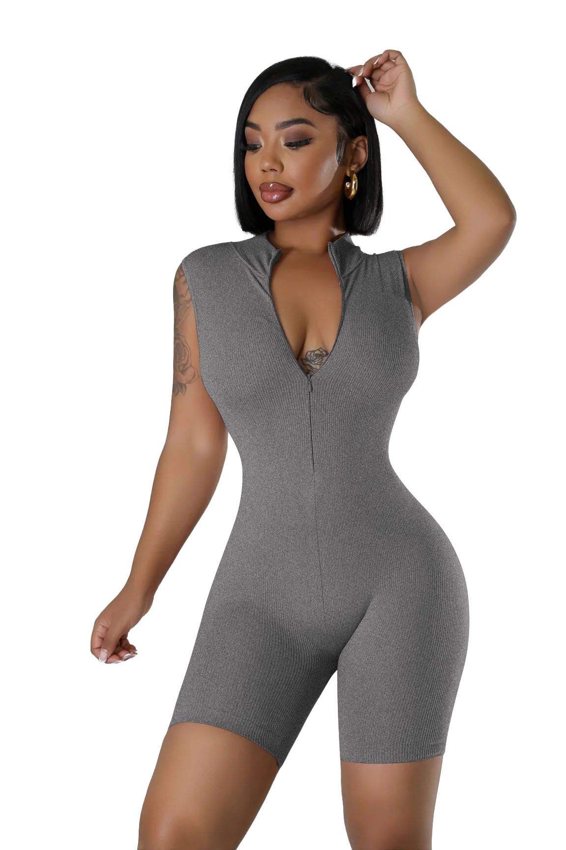 New open neck zip sleeveless solid colour casual sports one-piece sexy tight one-piece shorts