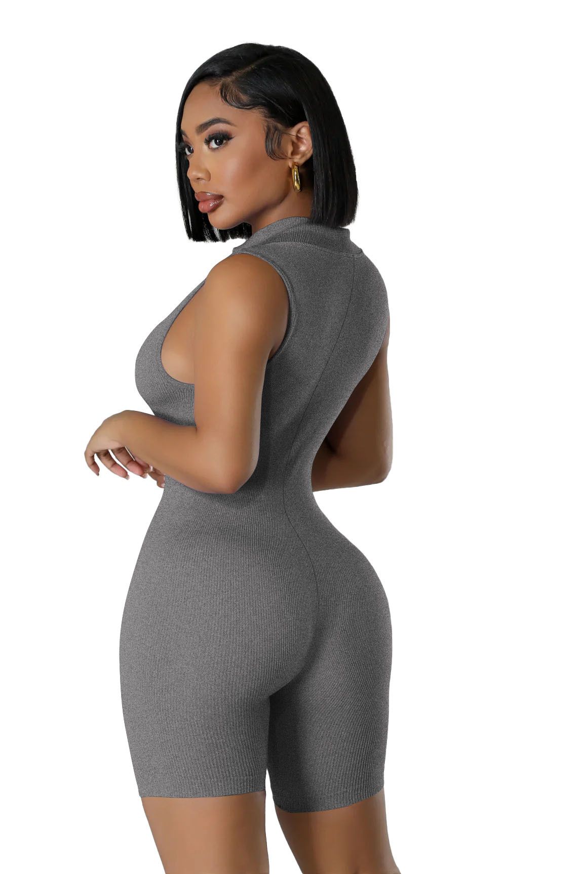 New open neck zip sleeveless solid colour casual sports one-piece sexy tight one-piece shorts
