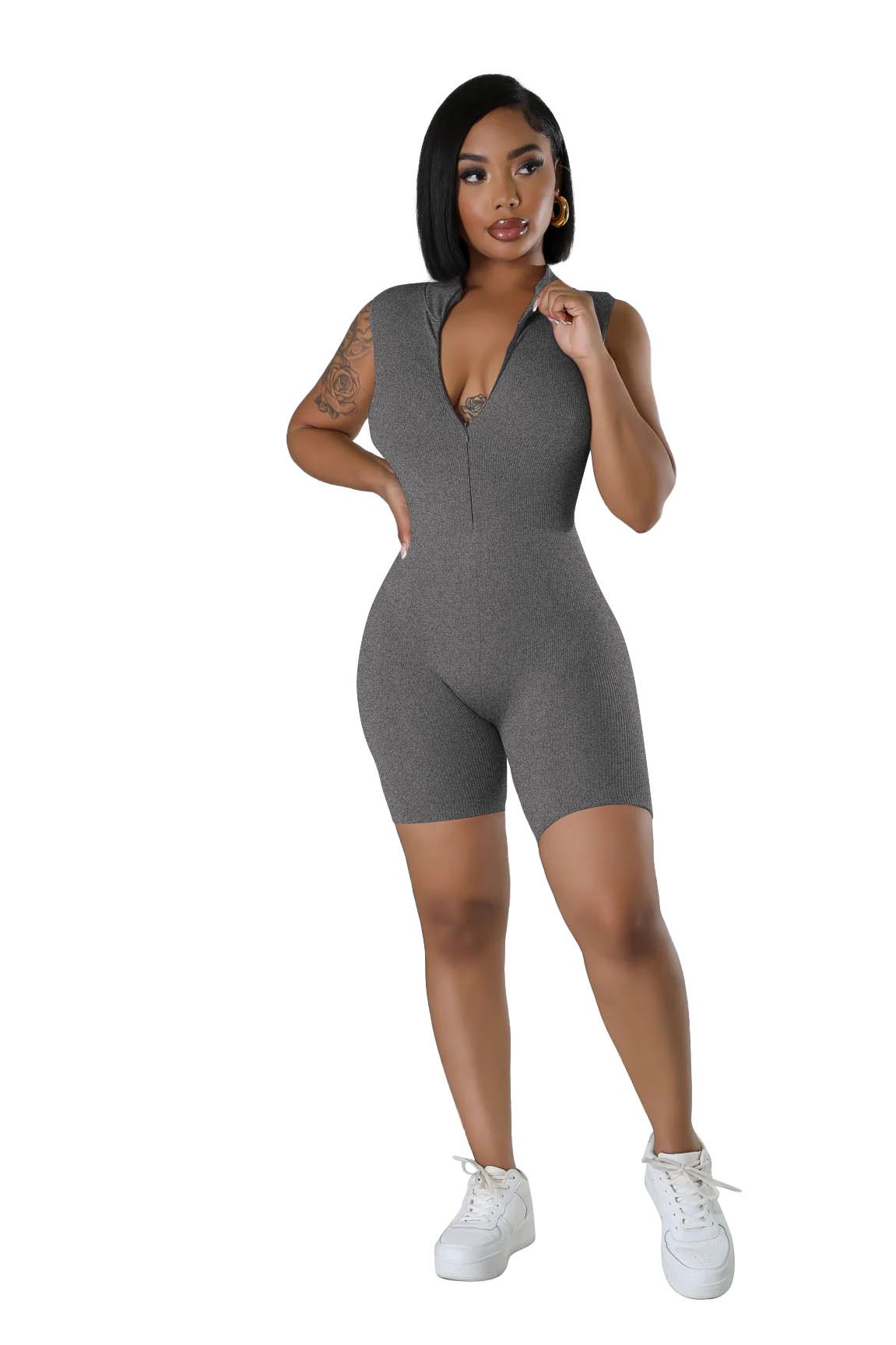 New open neck zip sleeveless solid colour casual sports one-piece sexy tight one-piece shorts
