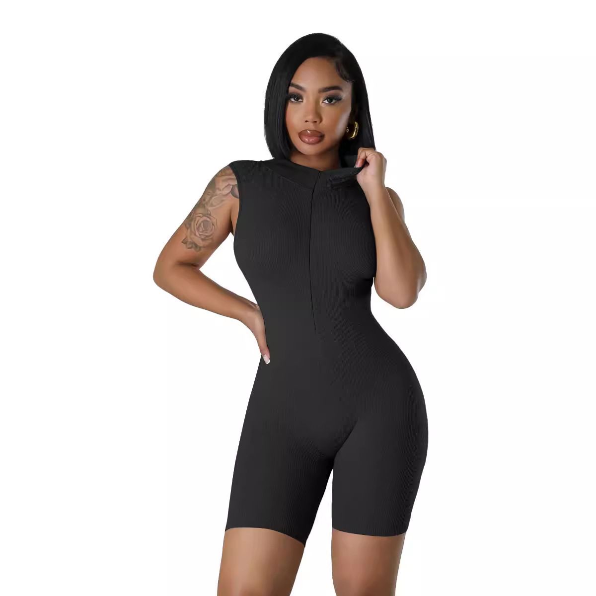 New open neck zip sleeveless solid colour casual sports one-piece sexy tight one-piece shorts