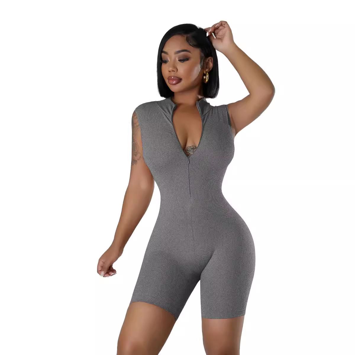 New open neck zip sleeveless solid colour casual sports one-piece sexy tight one-piece shorts