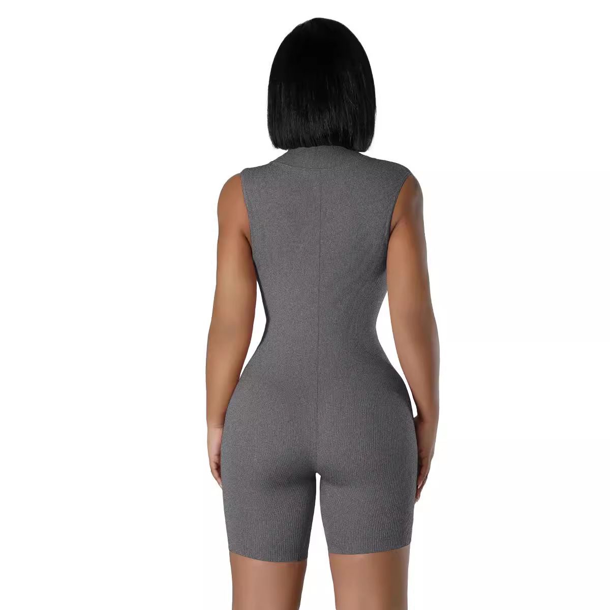 New open neck zip sleeveless solid colour casual sports one-piece sexy tight one-piece shorts