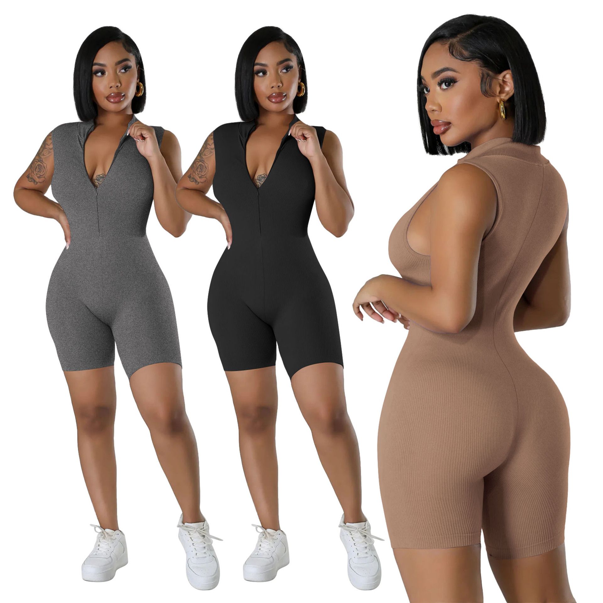 New open neck zip sleeveless solid colour casual sports one-piece sexy tight one-piece shorts