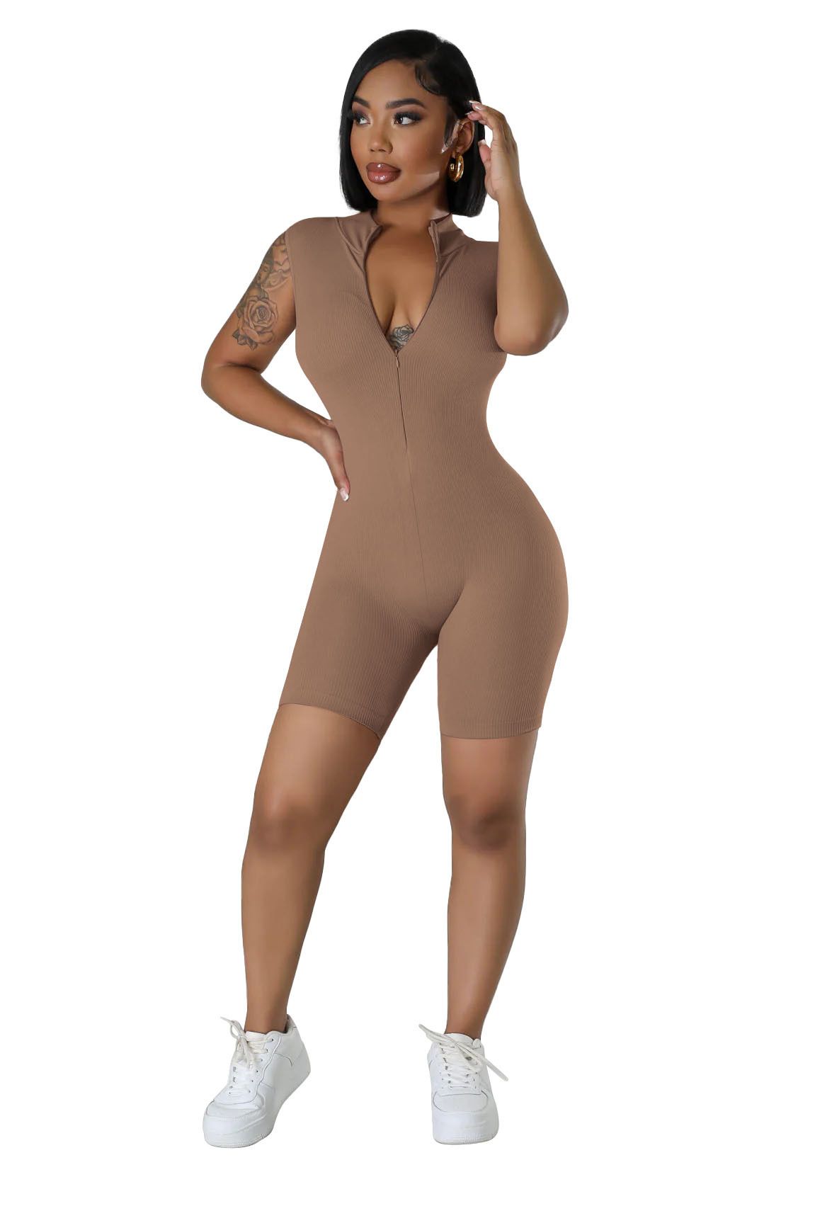 New open neck zip sleeveless solid colour casual sports one-piece sexy tight one-piece shorts