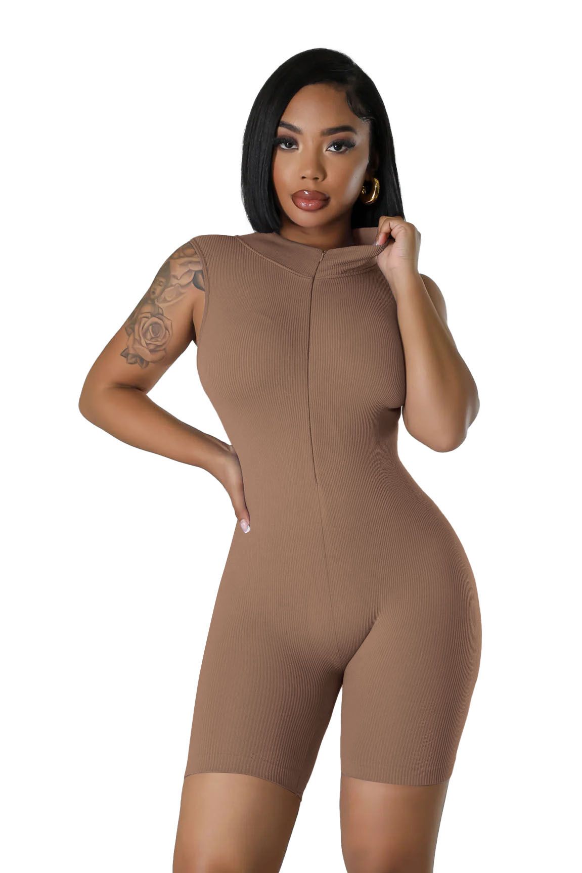 New open neck zip sleeveless solid colour casual sports one-piece sexy tight one-piece shorts
