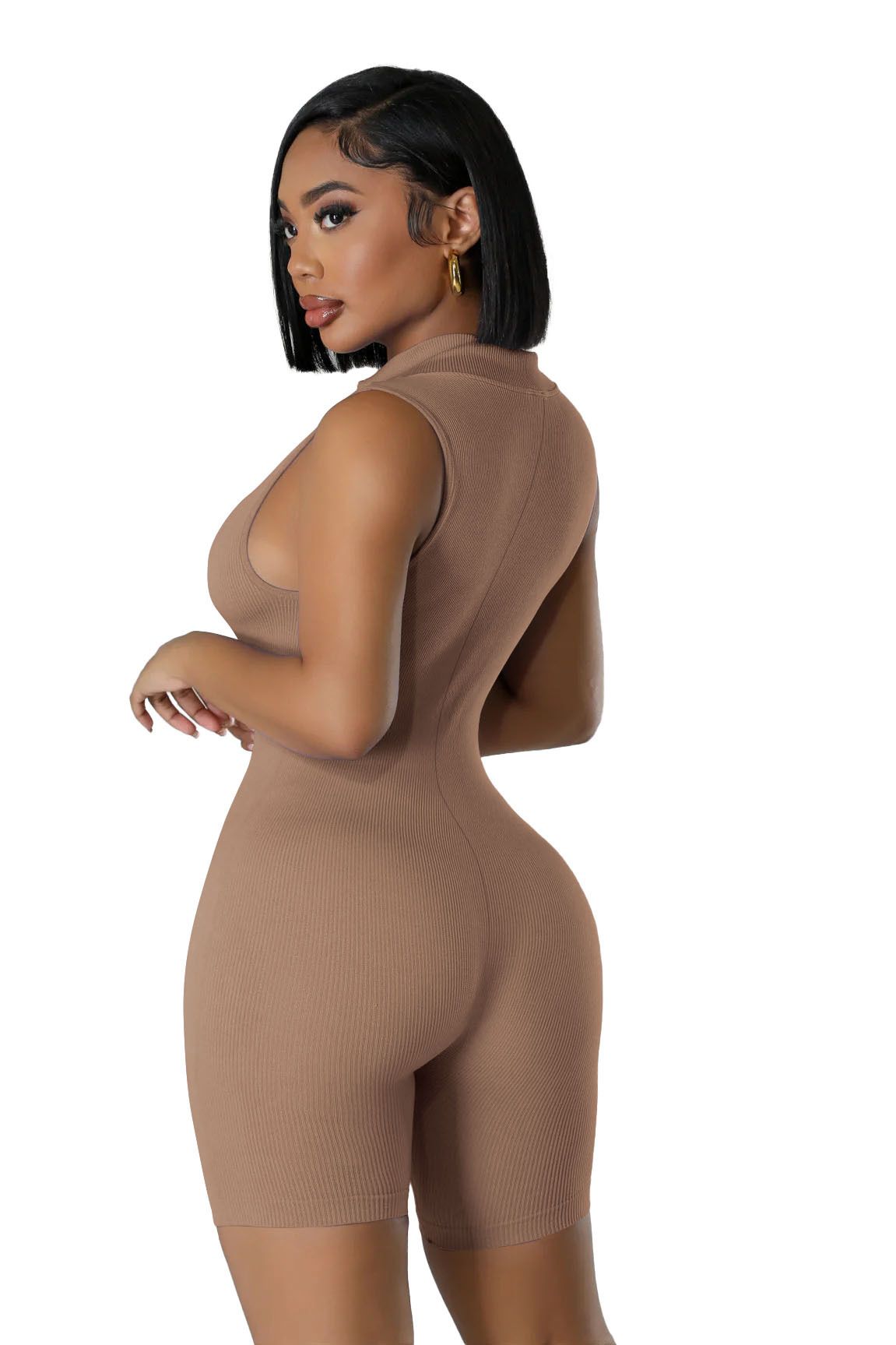 New open neck zip sleeveless solid colour casual sports one-piece sexy tight one-piece shorts