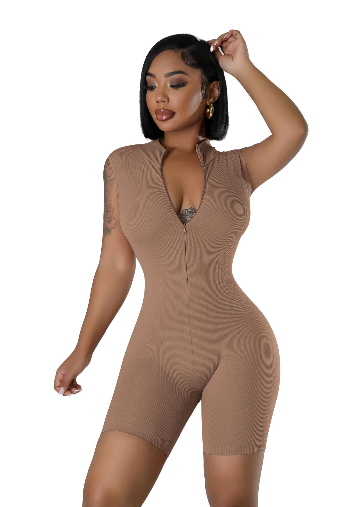 New open neck zip sleeveless solid colour casual sports one-piece sexy tight one-piece shorts