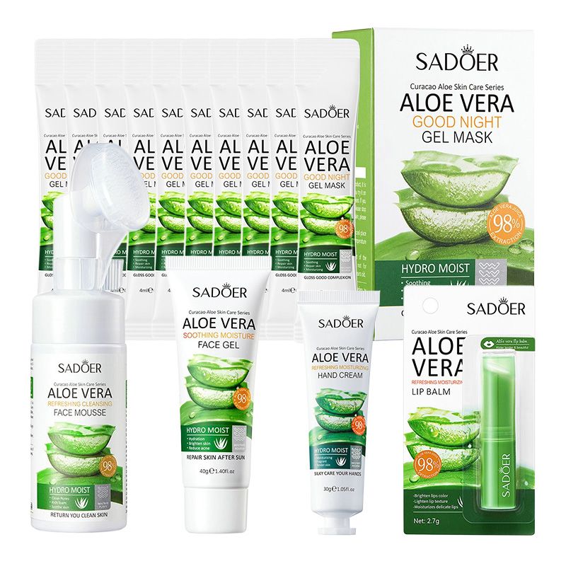 Aloe Vera Skin Care Sets Hydrating Anti-Aging Moisturizing Kits includes Face Mousse Cream Face Gel Lipstick Face Masks Hand Cream Skin Care Kits Gift