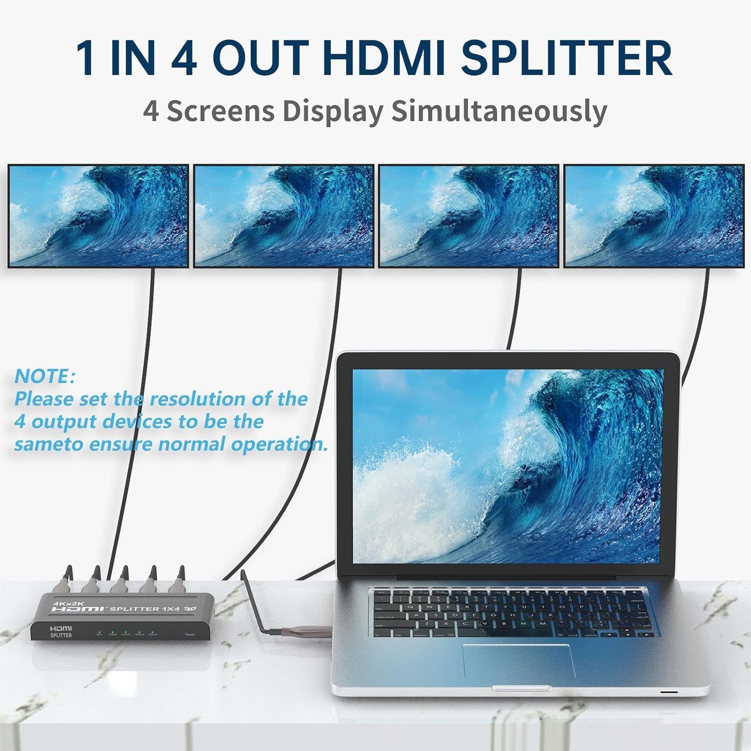 4K HDMI Splitter 1 in 4 Out - 1x4r 4Kx2K@30Hz 3D for Multi-Screen Display Full HD Suitable for Office teaching/PS4/HDTV/Store