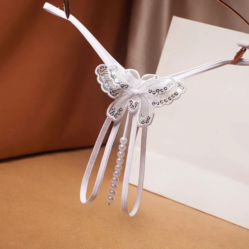New Embroidery Flower Pearl Massage Panties Lingerie Thongs Women's Open Crotch Lace T-back Underwear Wear Thong Panties Pearl Underwear Women's Clothes Lingerie