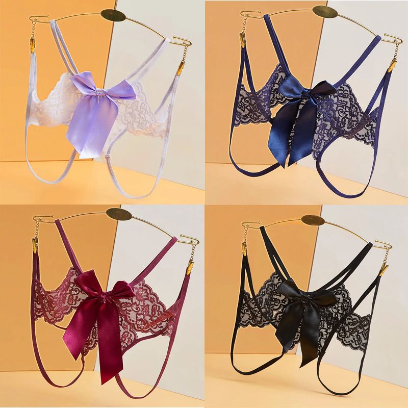 Women's Hollow Out Thong Sexy Lingerie Open Crotch Underwear Lady's Crotchless Double Strip Lace Sex Panties Underpants G-Strings Woman Briefs Lingerie Panties With Big Bow Plus Size Baby Dolls