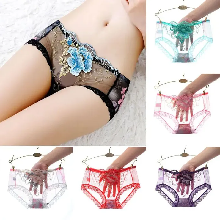 Plus Size Panties Women Sexy Lace Seamless Underwear Flowers Embroidery Skin-Friendly Transparent Briefs Lingerie Female