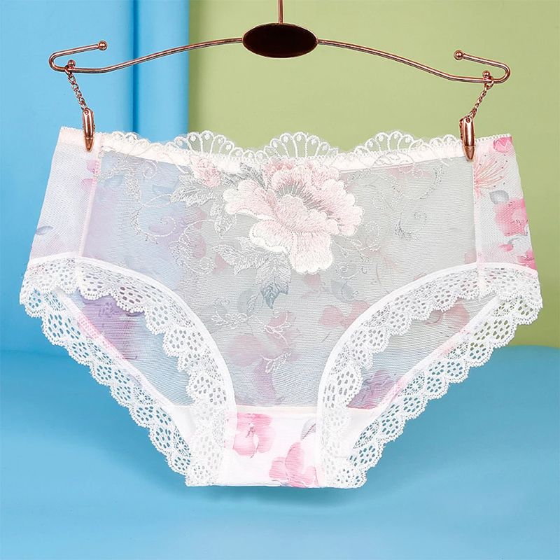 Plus Size Panties Women Sexy Lace Seamless Underwear Flowers Embroidery Skin-Friendly Transparent Briefs Lingerie Female