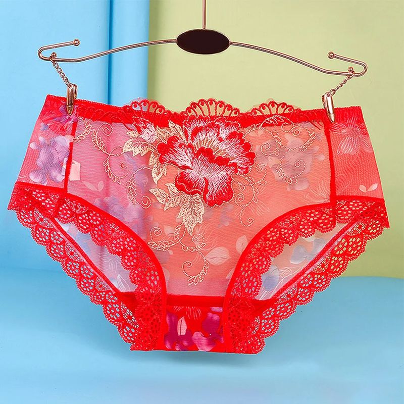Plus Size Panties Women Sexy Lace Seamless Underwear Flowers Embroidery Skin-Friendly Transparent Briefs Lingerie Female