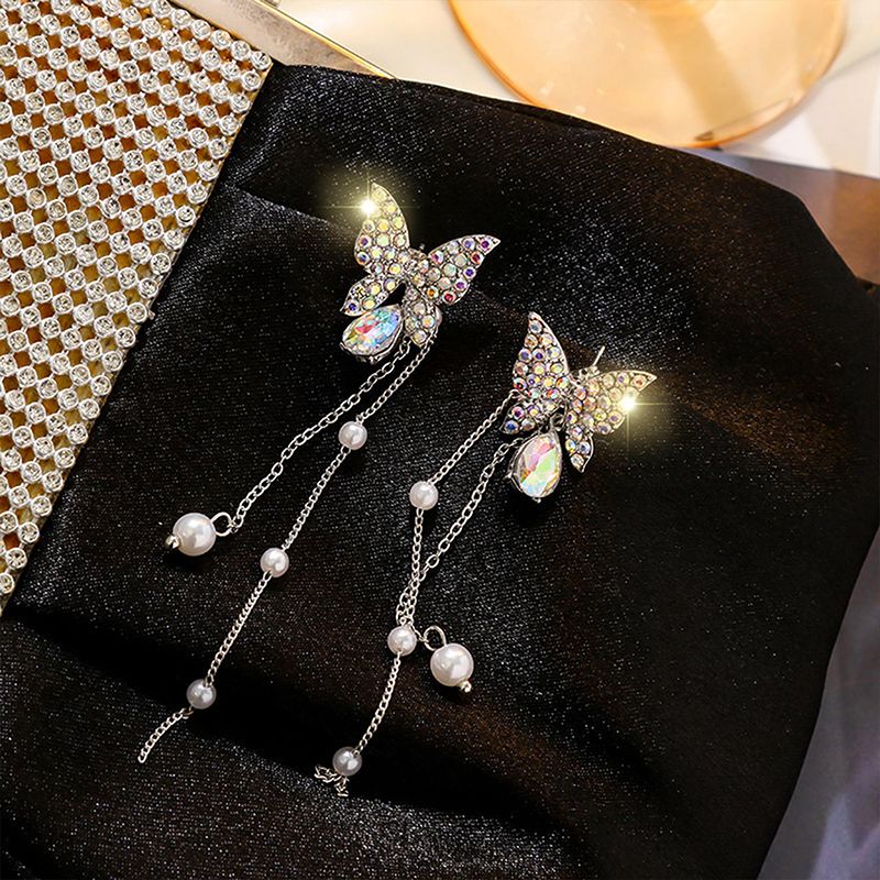 2024 Fashion Jewellerys 1 Pair Shiny Butterfly Rhinestone Drop Dangle Earrings Women Elegant Long Pearl Tassel Chain Pendant Party Jewelry Earrings Jewelry for Teen Girls Gift Spring Earrings Gifts