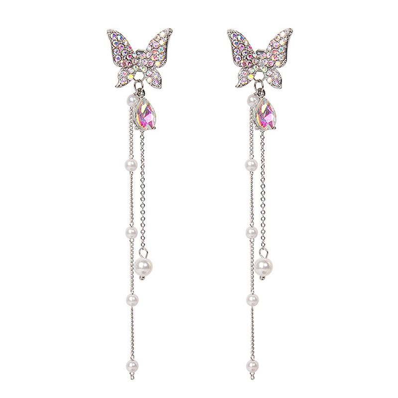 2024 Fashion Jewellerys 1 Pair Shiny Butterfly Rhinestone Drop Dangle Earrings Women Elegant Long Pearl Tassel Chain Pendant Party Jewelry Earrings Jewelry for Teen Girls Gift Spring Earrings Gifts