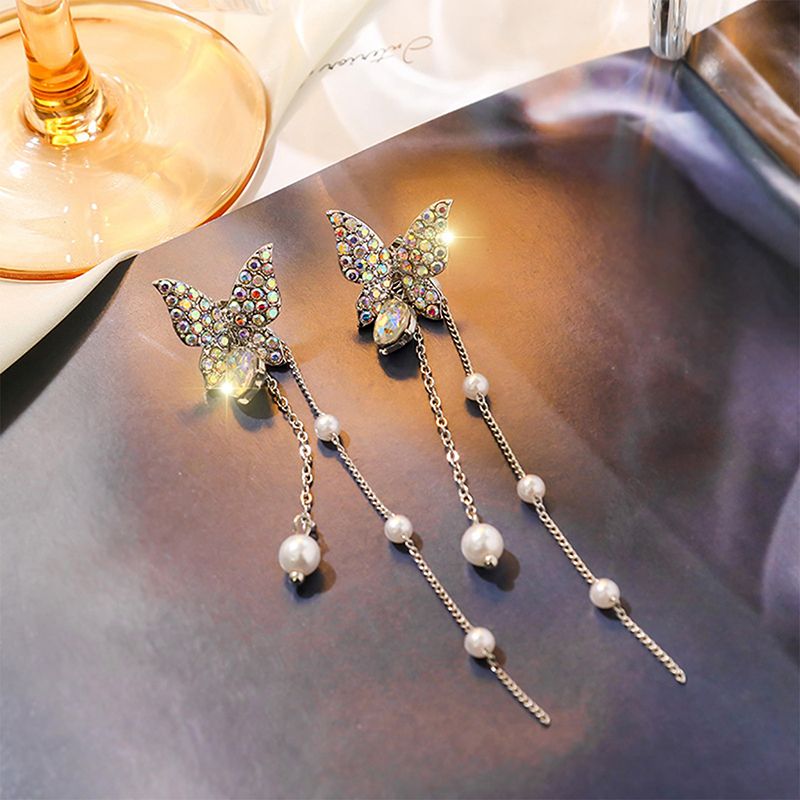 2024 Fashion Jewellerys 1 Pair Shiny Butterfly Rhinestone Drop Dangle Earrings Women Elegant Long Pearl Tassel Chain Pendant Party Jewelry Earrings Jewelry for Teen Girls Gift Spring Earrings Gifts