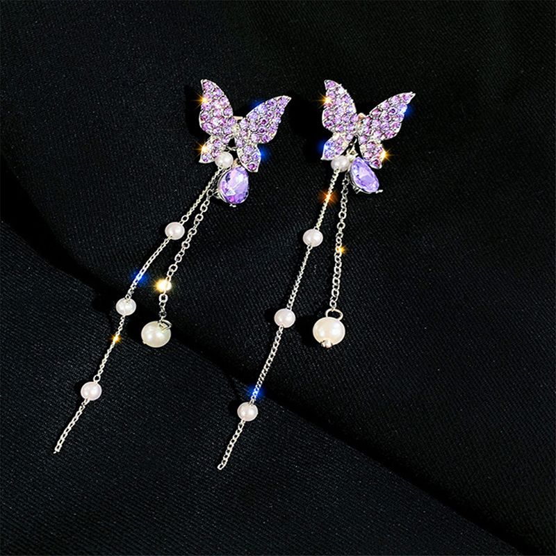 2024 Fashion Jewellerys 1 Pair Shiny Butterfly Rhinestone Drop Dangle Earrings Women Elegant Long Pearl Tassel Chain Pendant Party Jewelry Earrings Jewelry for Teen Girls Gift Spring Earrings Gifts