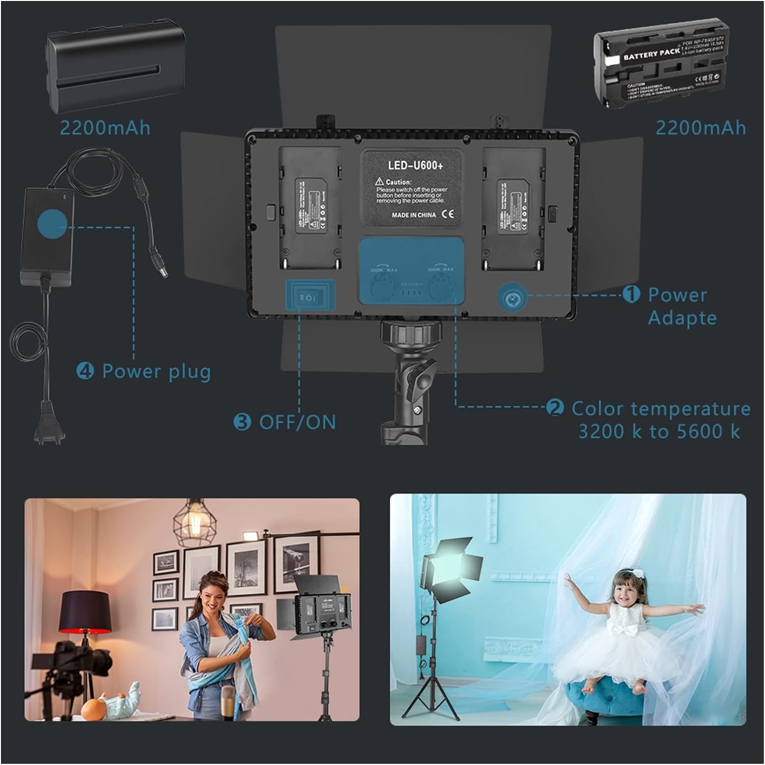 U800 LED light video light kit with 2.1m tripod stand, plug-powered camera video light, 3200K-5600K camera video light, plug-powered video conference live light