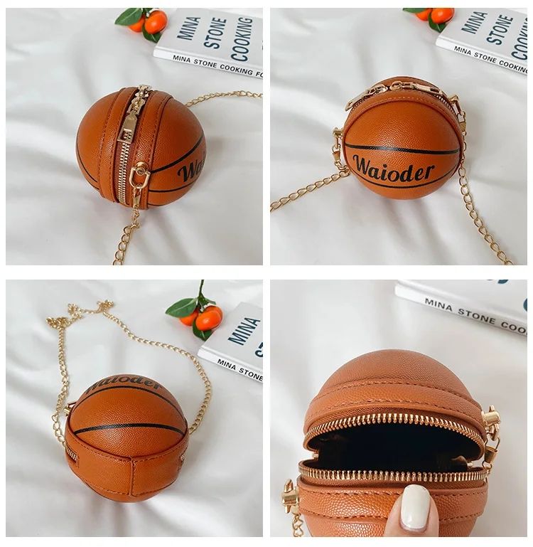 Kids Basketball Messenger Bag Children Girls Leather Round Crossbody Bags Pack Metal Chain Strap Holiday Travel Street Hip-hop Boy