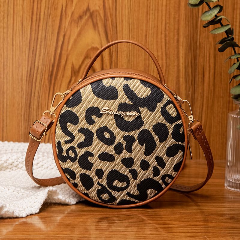 Fashion Retro Leopard Print Small Round Bags Women's Pop All-match Shoulder Bag Crossbody Bag Casual Tote Bag