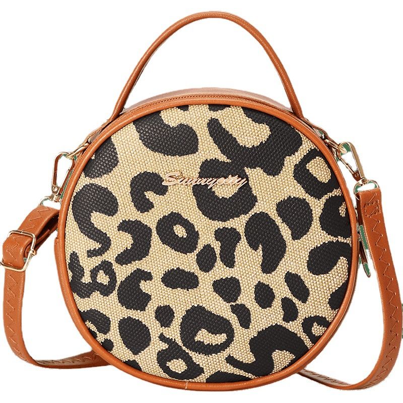 Fashion Retro Leopard Print Small Round Bags Women's Pop All-match Shoulder Bag Crossbody Bag Casual Tote Bag