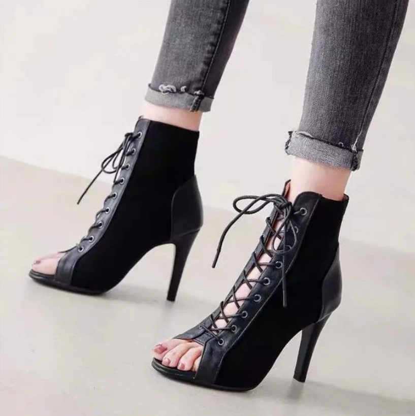 Women's Shoes Heels Lace-up fish-mouth sandals, stiletto heel, hollow short boots, jazz dance high heels, women's open-toe sandals
