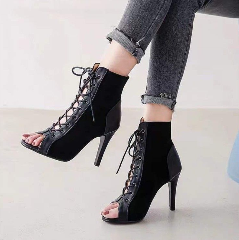Women's Shoes Heels Lace-up fish-mouth sandals, stiletto heel, hollow short boots, jazz dance high heels, women's open-toe sandals