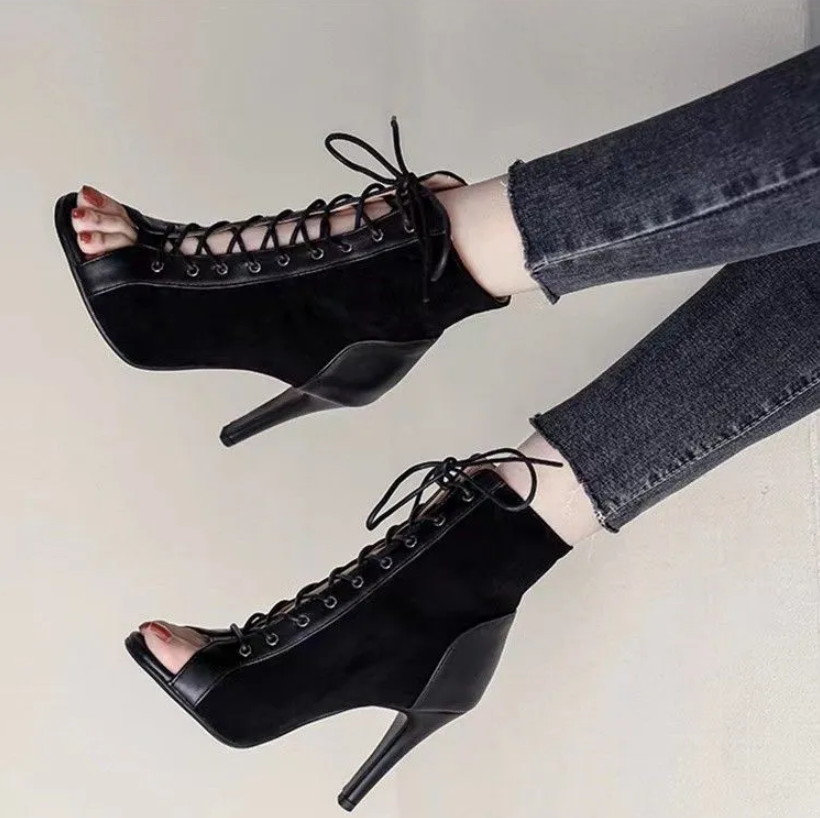 Women's Shoes Heels Lace-up fish-mouth sandals, stiletto heel, hollow short boots, jazz dance high heels, women's open-toe sandals