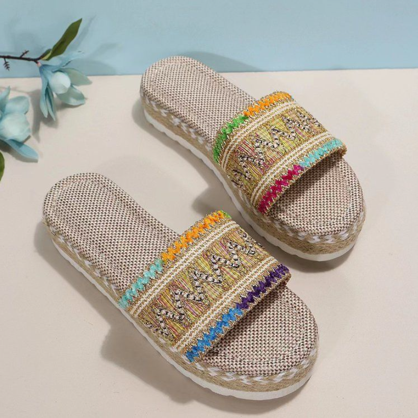 Women's Shoes Slippers New European and American ethnic style large size women's thick-soled fish mouth hemp rope candy-colored slippers