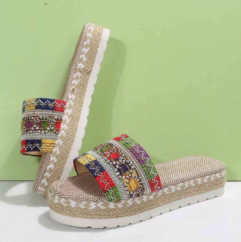 Women's Shoes Slippers New European and American ethnic style large size women's thick-soled fish mouth hemp rope candy-colored slippers